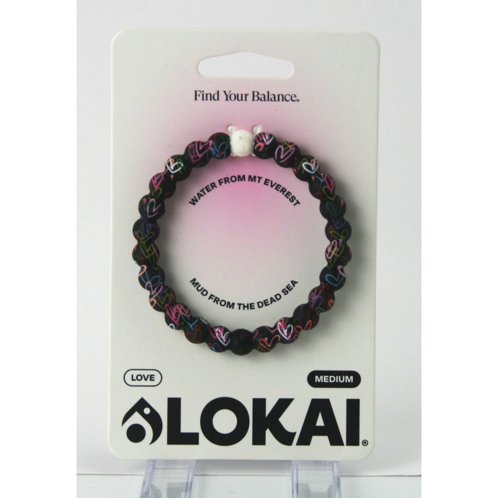 Lokai Love Black Silicone Beaded Bracelet Neon Hearts Medium NIB Water and Mud